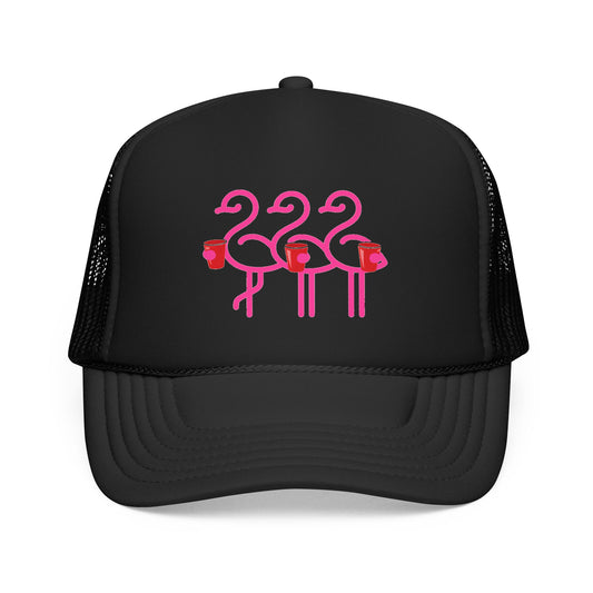 Pink Flamingo Trio Foam Trucker Hat | Retro Beach Party Mesh Cap | Red Cup Throuple Life