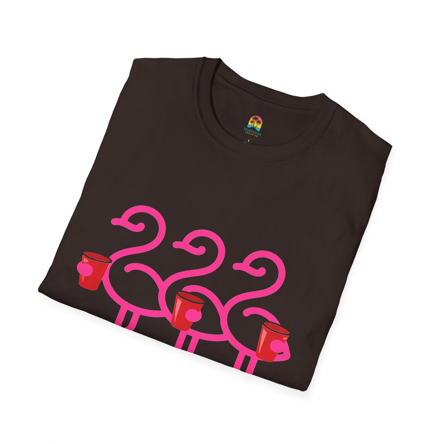 Pink Flamingos Holding Cups T-Shirt | Tropical Party Graphic | Red Cup Throuple Life