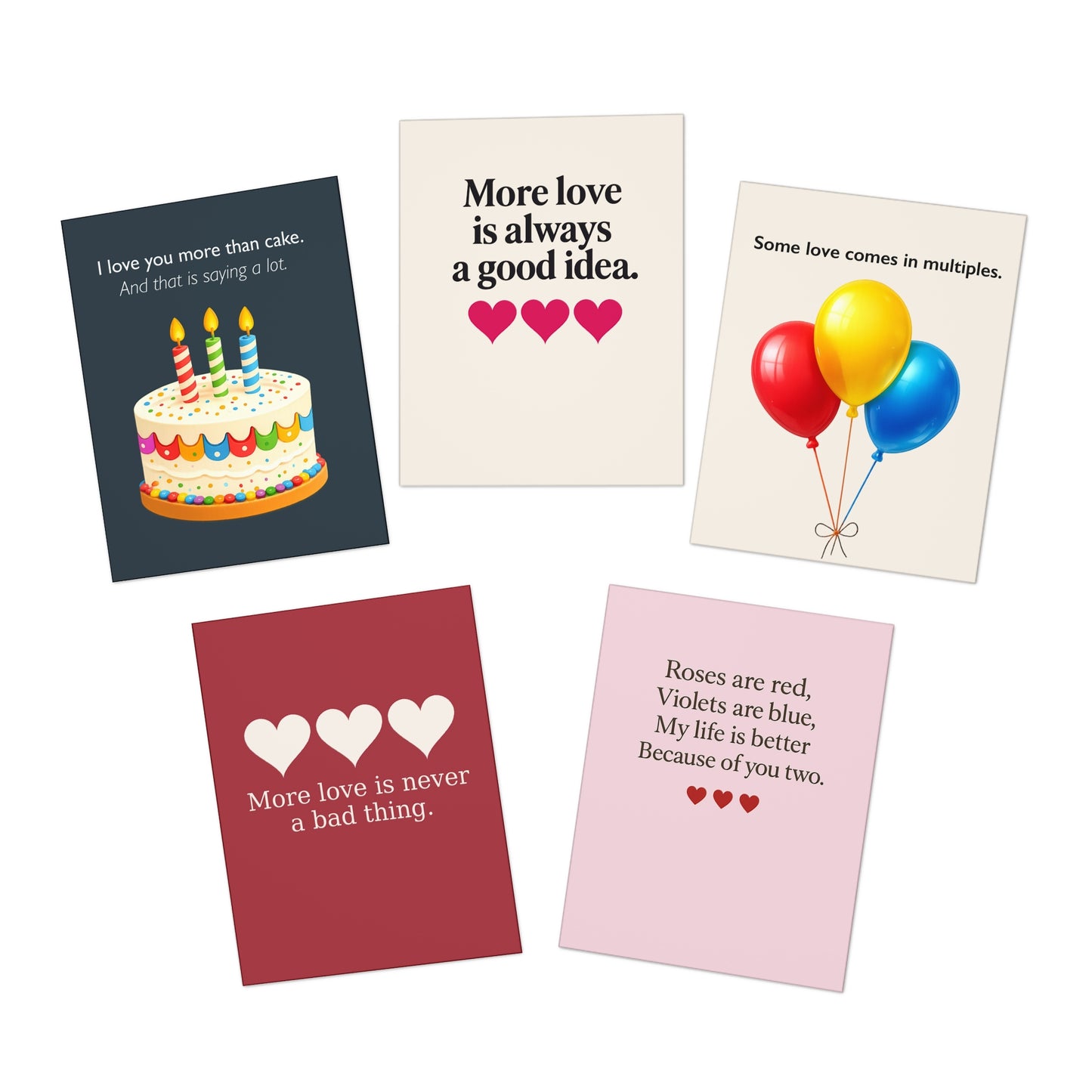 Love Sayings Greeting Cards 5-Pack | Birthday Balloons Cake Hearts | Blank Insides | Throuple Cards
