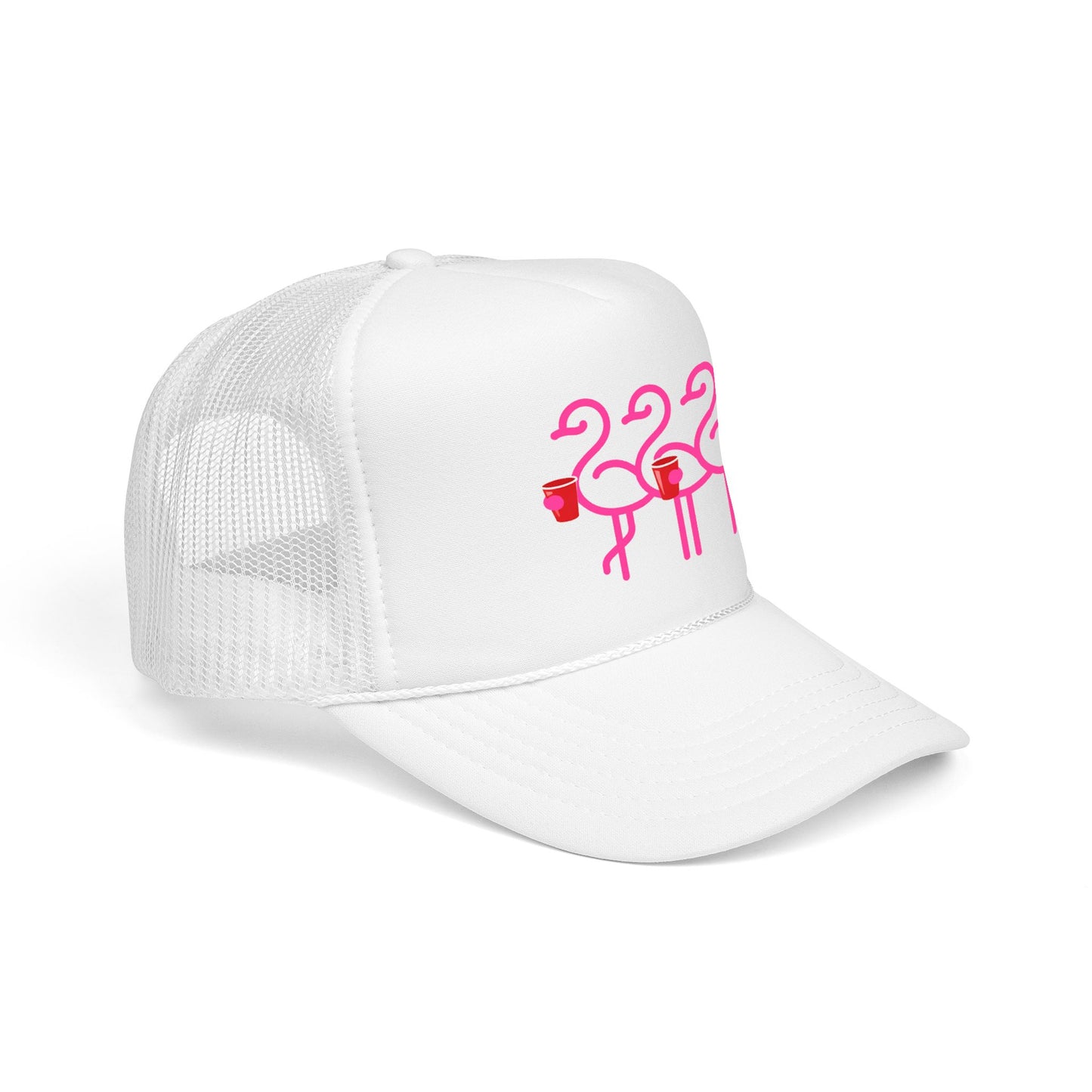 Pink Flamingo Trio Foam Trucker Hat | Retro Beach Party Mesh Cap | Red Cup Throuple Life