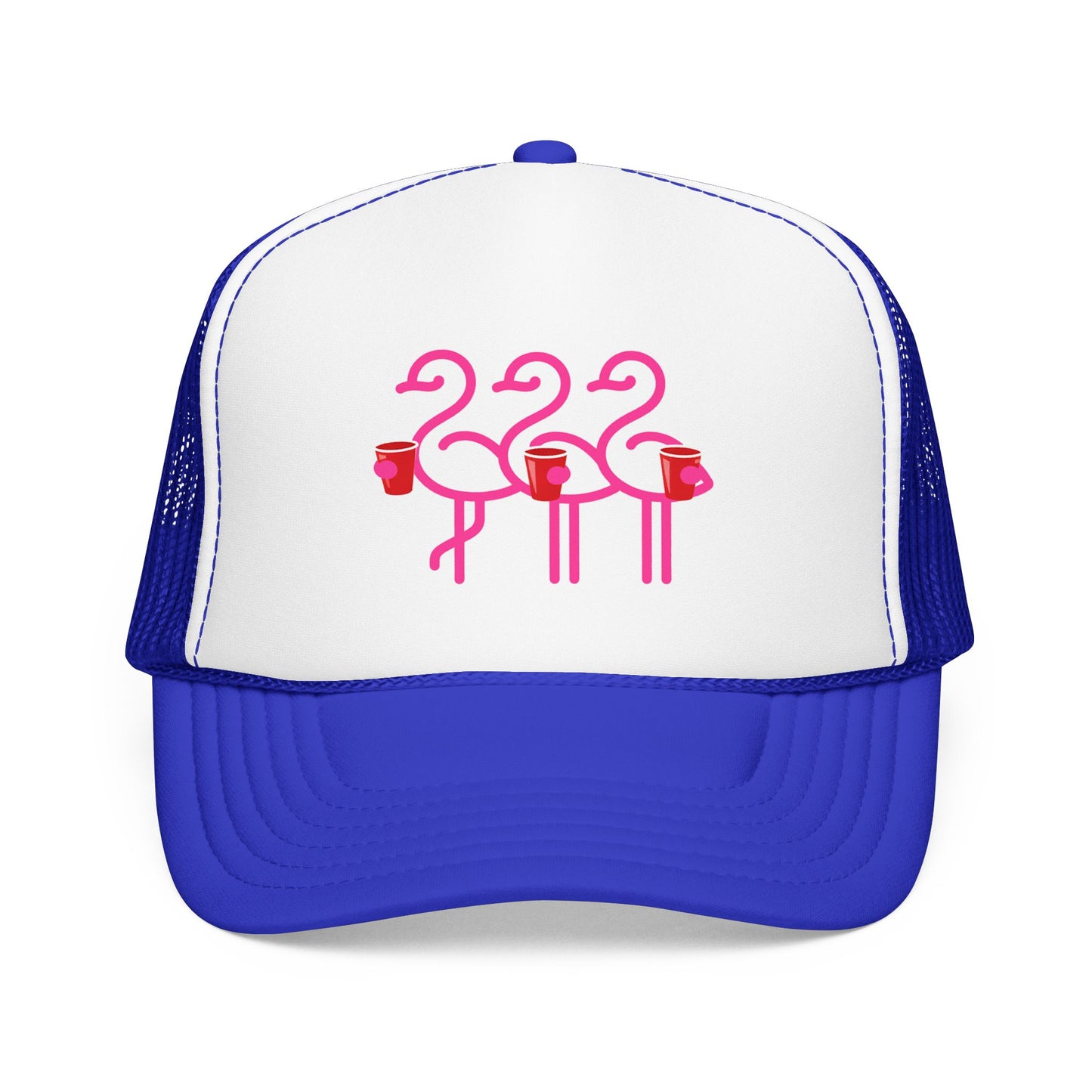 Pink Flamingo Trio Foam Trucker Hat | Retro Beach Party Mesh Cap | Red Cup Throuple Life