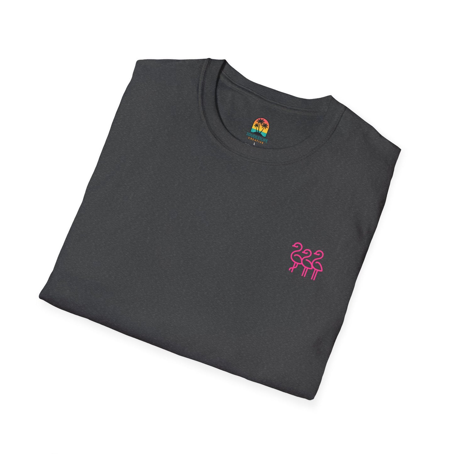 Sunset Palm Trees T-Shirt | Tropical Beach Retro Sunset Graphic | Throuple Shirt Merch Branded Flamingos