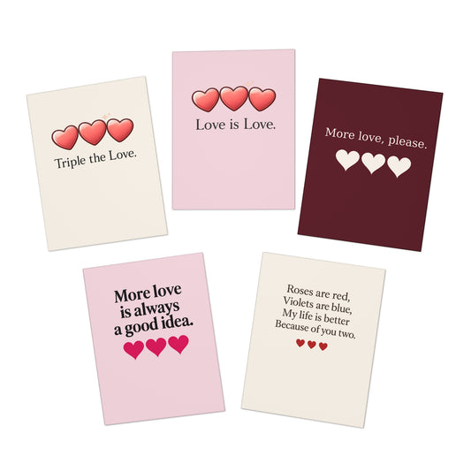 Love Is Love heart cards Greeting Cards | 5-pack assorted love cards | Throuple Cards Blank Insides