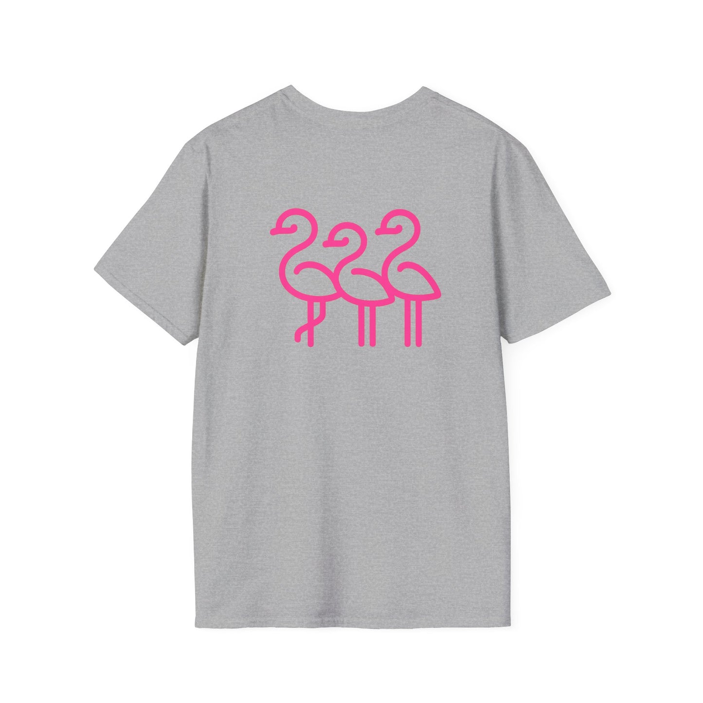 Pink Flamingo Trio T-Shirt | Small Chest Logo, Back Graphic | Throuple Shirt
