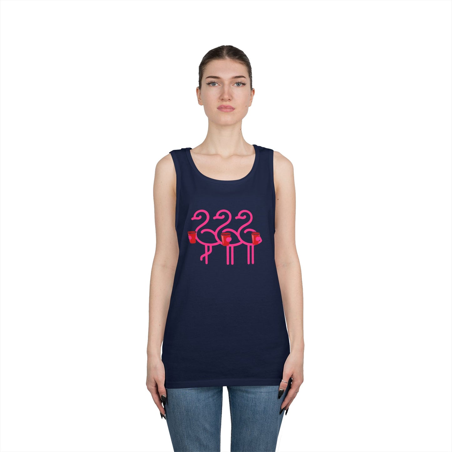 Three Pink Flamingos Tank Top | Retro Tropical Birds, Summer Beach Tee | Red Cup Throuple Life