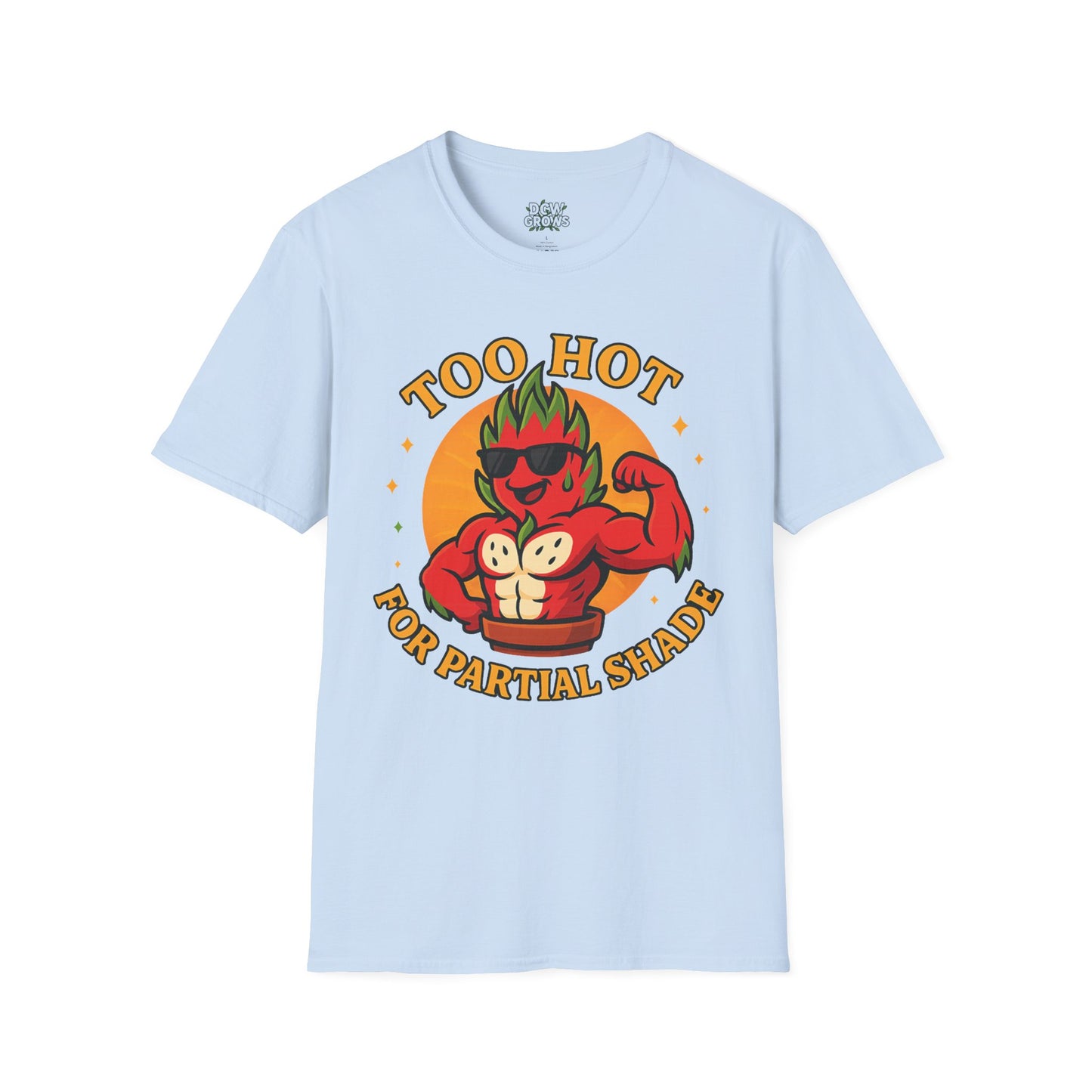 Too Hot For Partial Shade T-Shirt | Flaming Dragon Fruit Cartoon Design | Men's T-Shirt Plant Lover