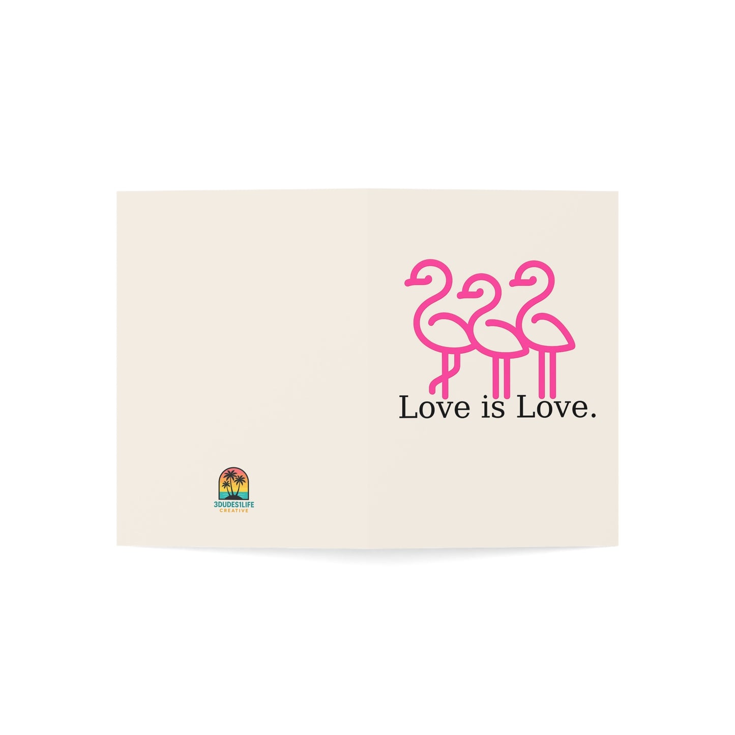 Pink Flamingos Love is Love Greeting Card | Pride Note Card | Throuple Valentine's Day Card
