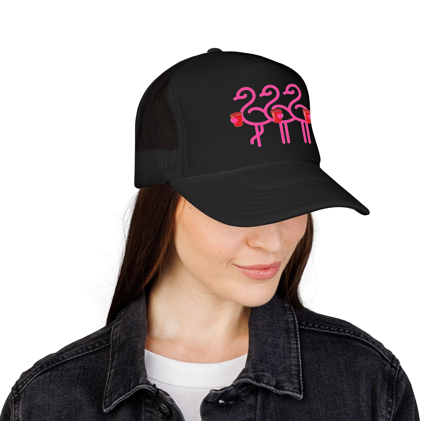 Pink Flamingo Trio Foam Trucker Hat | Retro Beach Party Mesh Cap | Red Cup Throuple Life