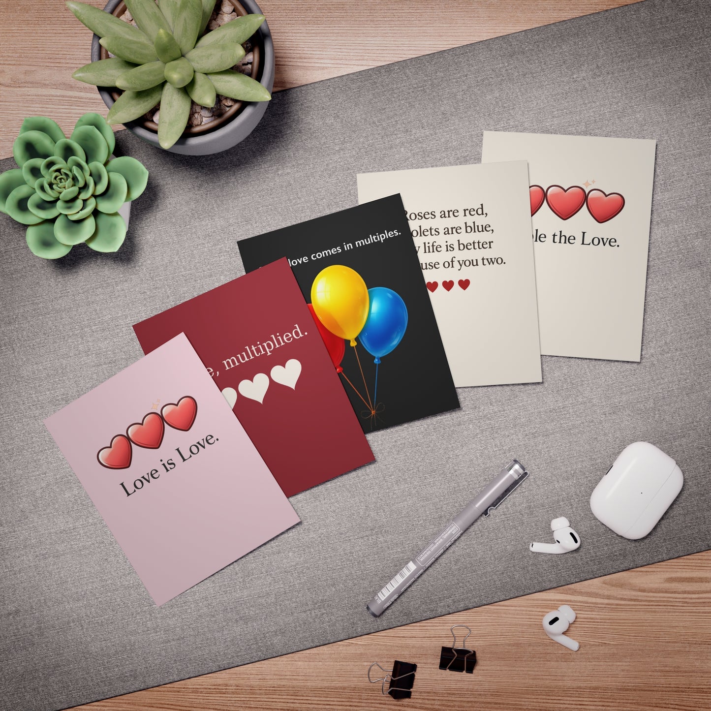 Love Multiplied Greeting Cards, 5-Pack | Triple Heart Celebration Cards | BLANK Insides | Throuple Cards