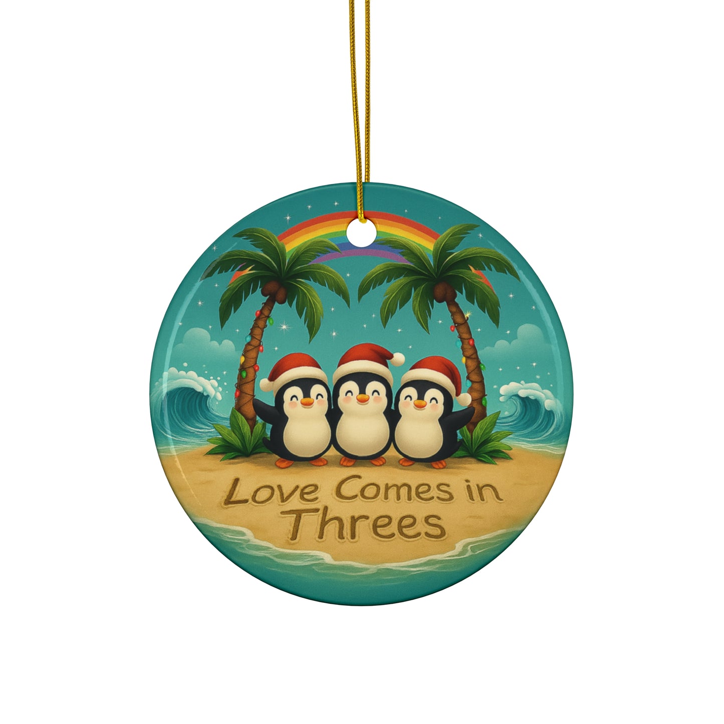 Love Comes in Threes Penguin Trio Ceramic Ornament | Holiday Beach Scene | Throuple Ornament Penguins