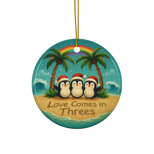 Love Comes in Threes Penguin Trio Ceramic Ornament | Holiday Beach Scene | Throuple Ornament Penguins