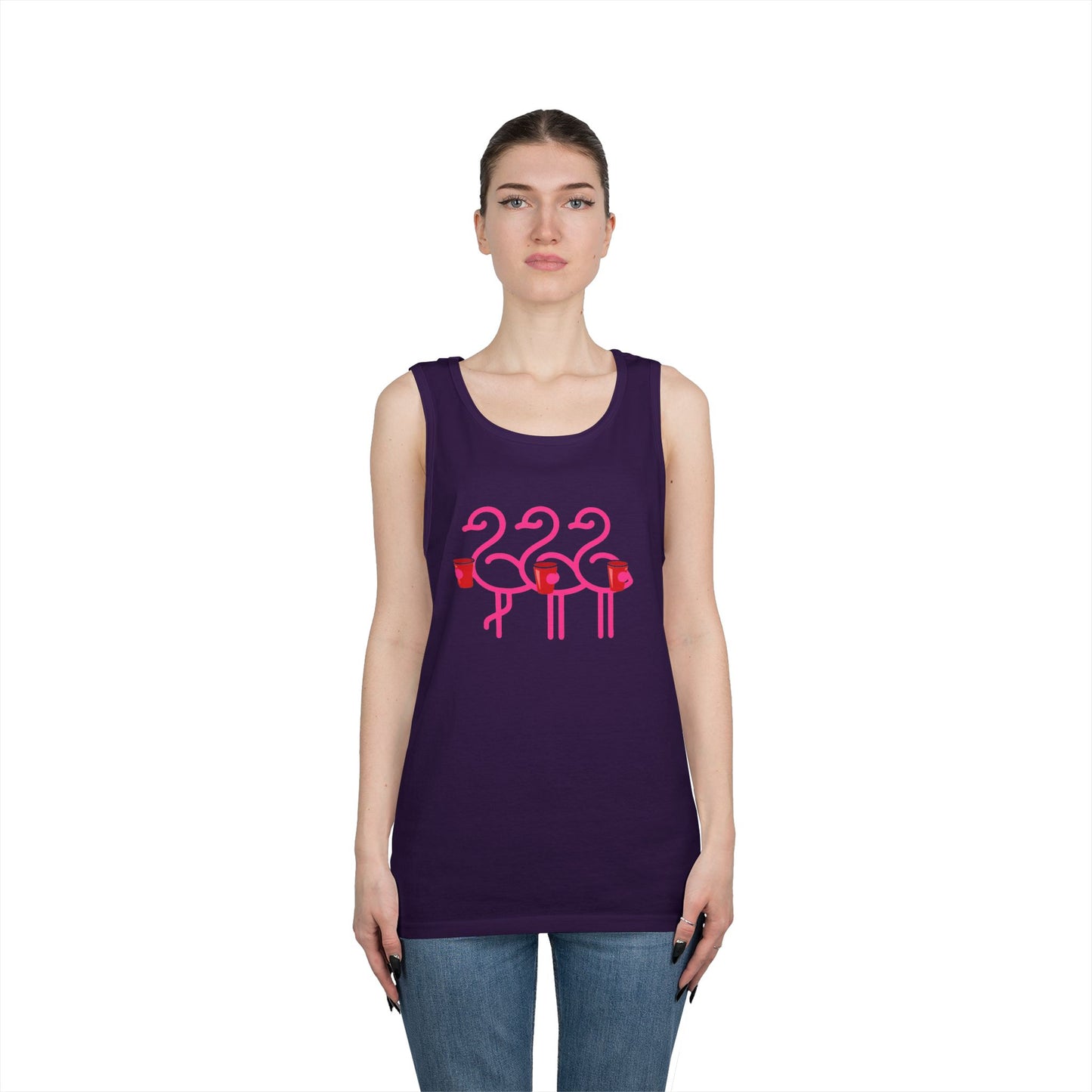 Three Pink Flamingos Tank Top | Retro Tropical Birds, Summer Beach Tee | Red Cup Throuple Life