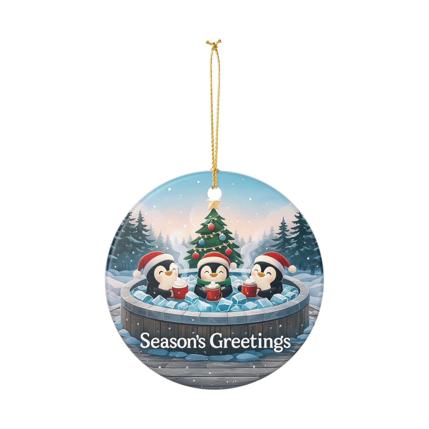 Penguins in Hot Tub Season's Greetings Ornament | Ceramic Holiday Decoration | Throuple Ornament Trio Penguins
