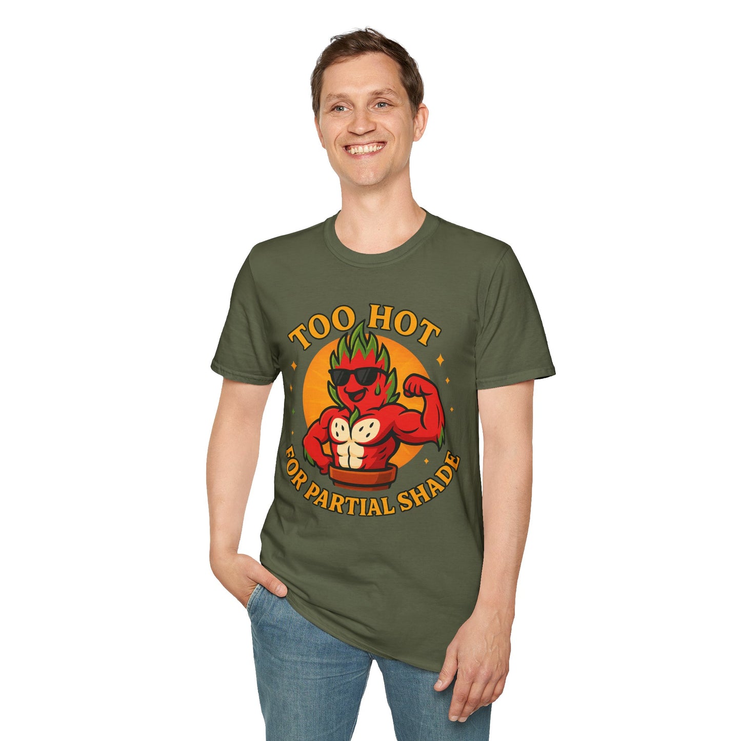Too Hot For Partial Shade T-Shirt | Flaming Dragon Fruit Cartoon Design | Men's T-Shirt Plant Lover