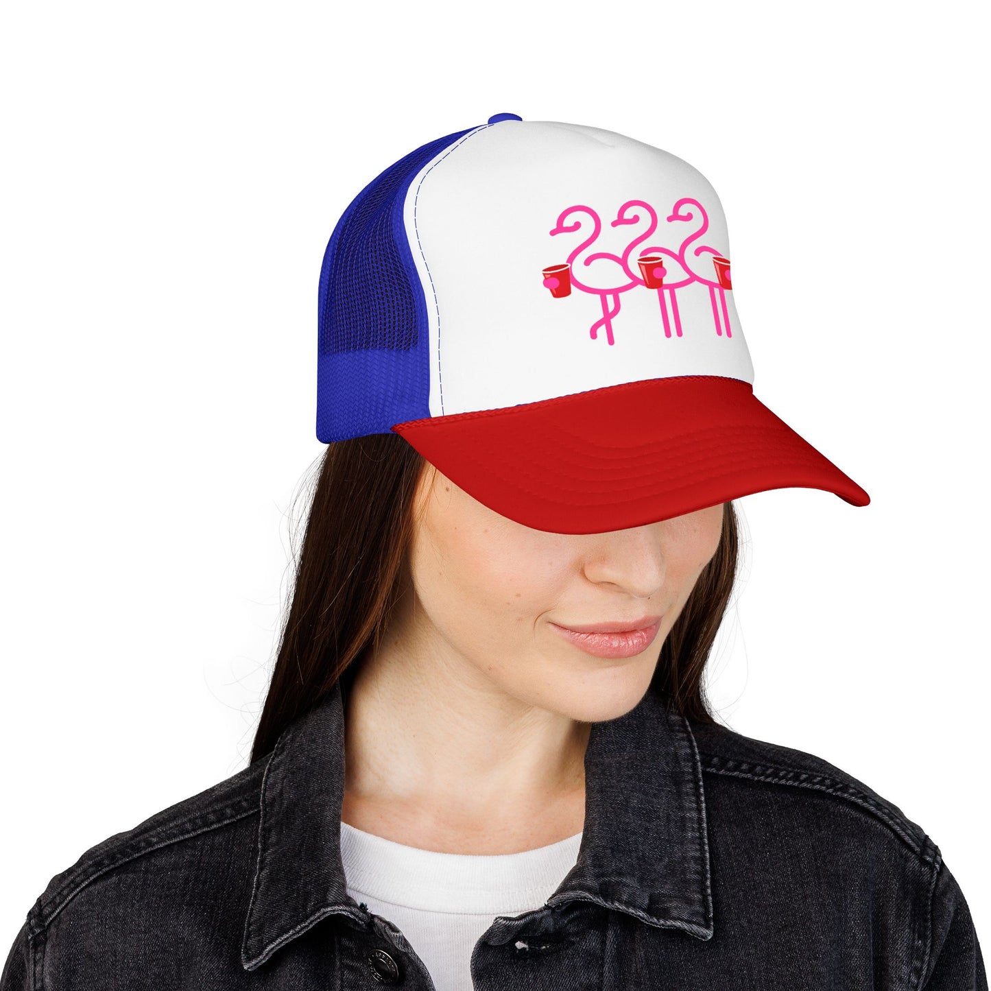 Pink Flamingo Trio Foam Trucker Hat | Retro Beach Party Mesh Cap | Red Cup Throuple Life
