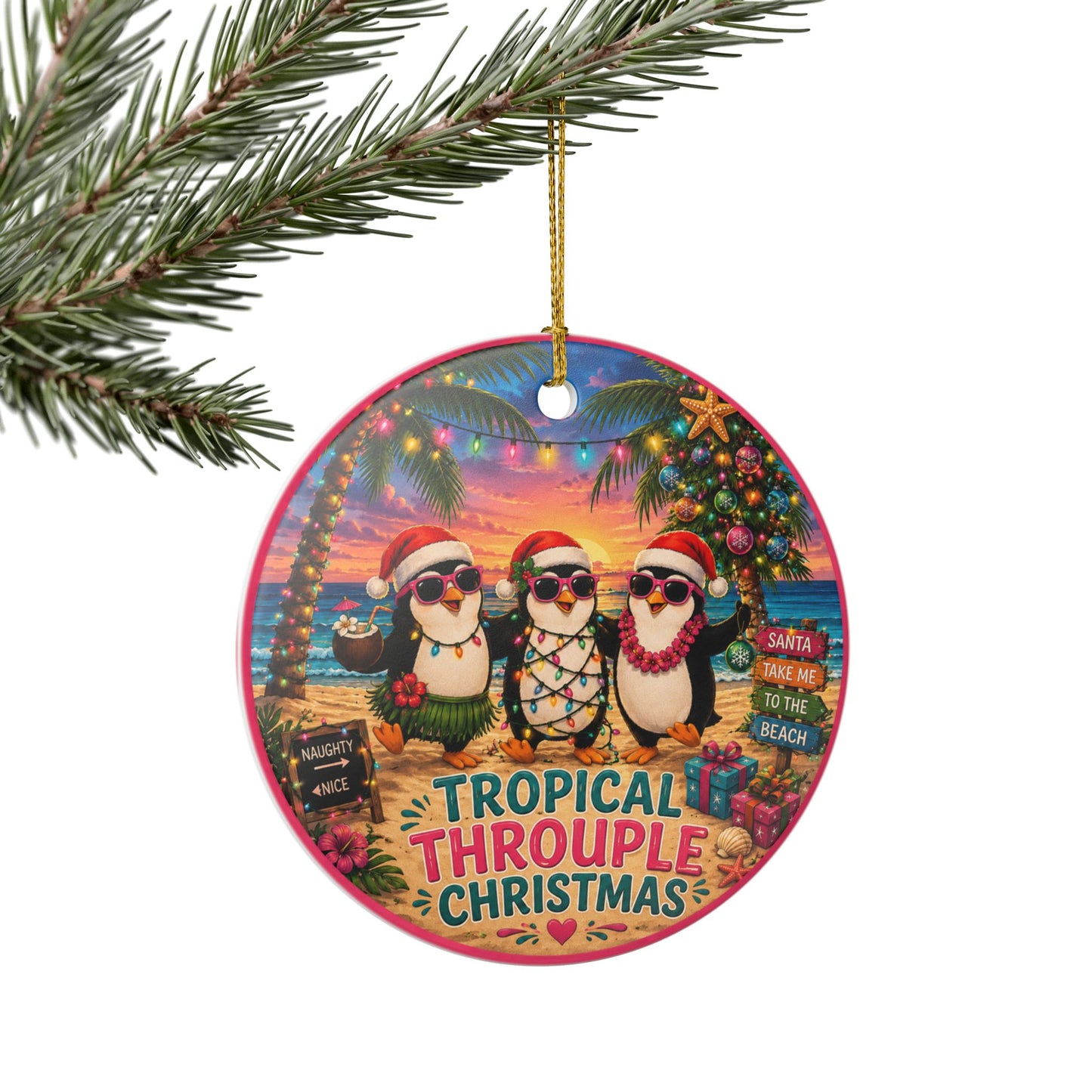 Tropical Throuple Christmas Ornament | Penguin Beach Christmas Decor | Polyamory Gift | LGBTQ+ Holiday Ornament
