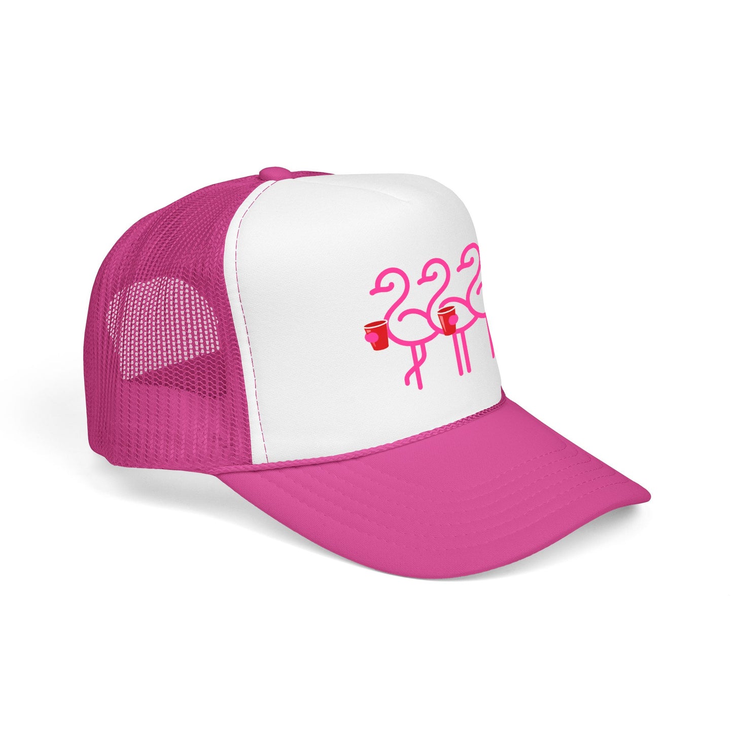 Pink Flamingo Trio Foam Trucker Hat | Retro Beach Party Mesh Cap | Red Cup Throuple Life