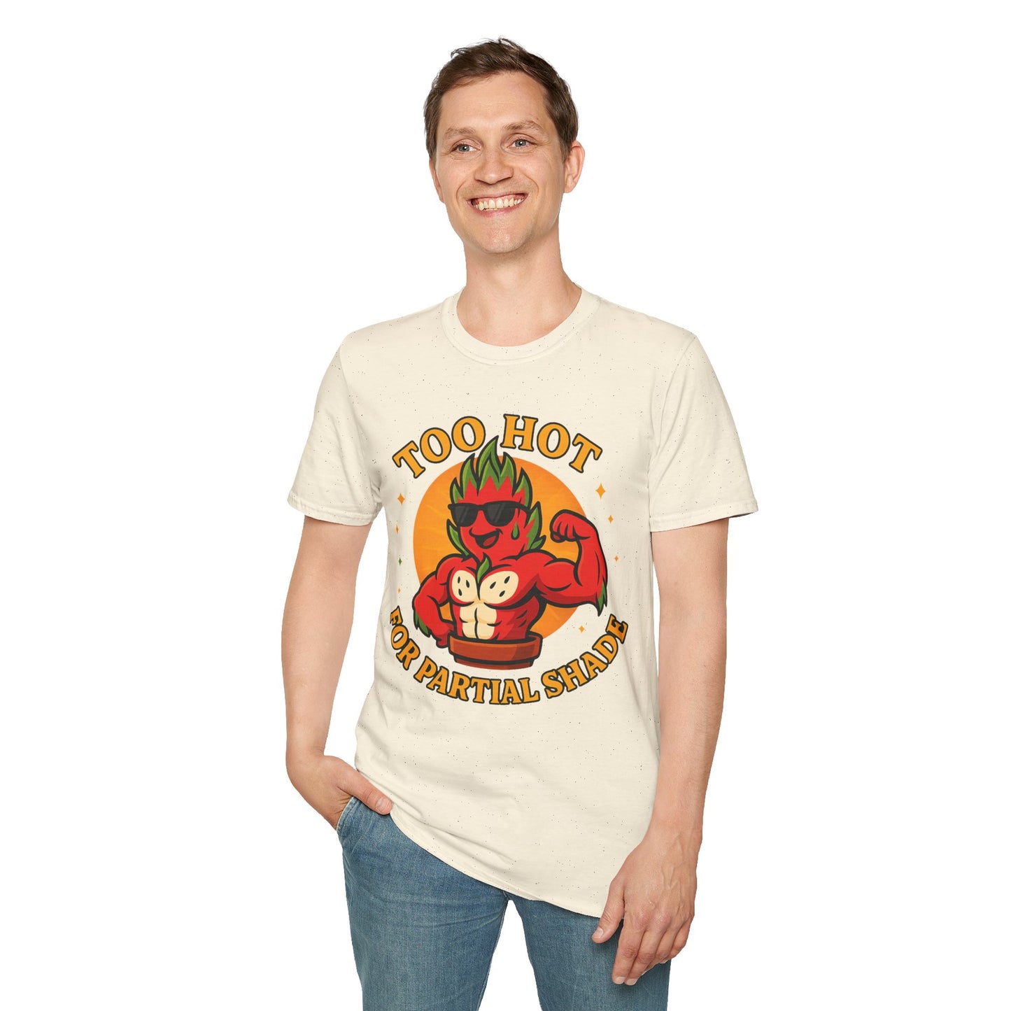 Too Hot For Partial Shade T-Shirt | Flaming Dragon Fruit Cartoon Design | Men's T-Shirt Plant Lover
