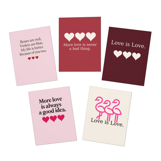 Love is Love heart cards 5-pack Greeting Cards | LGBTQ Pride valentines | Throuple Valentine's Day Cards