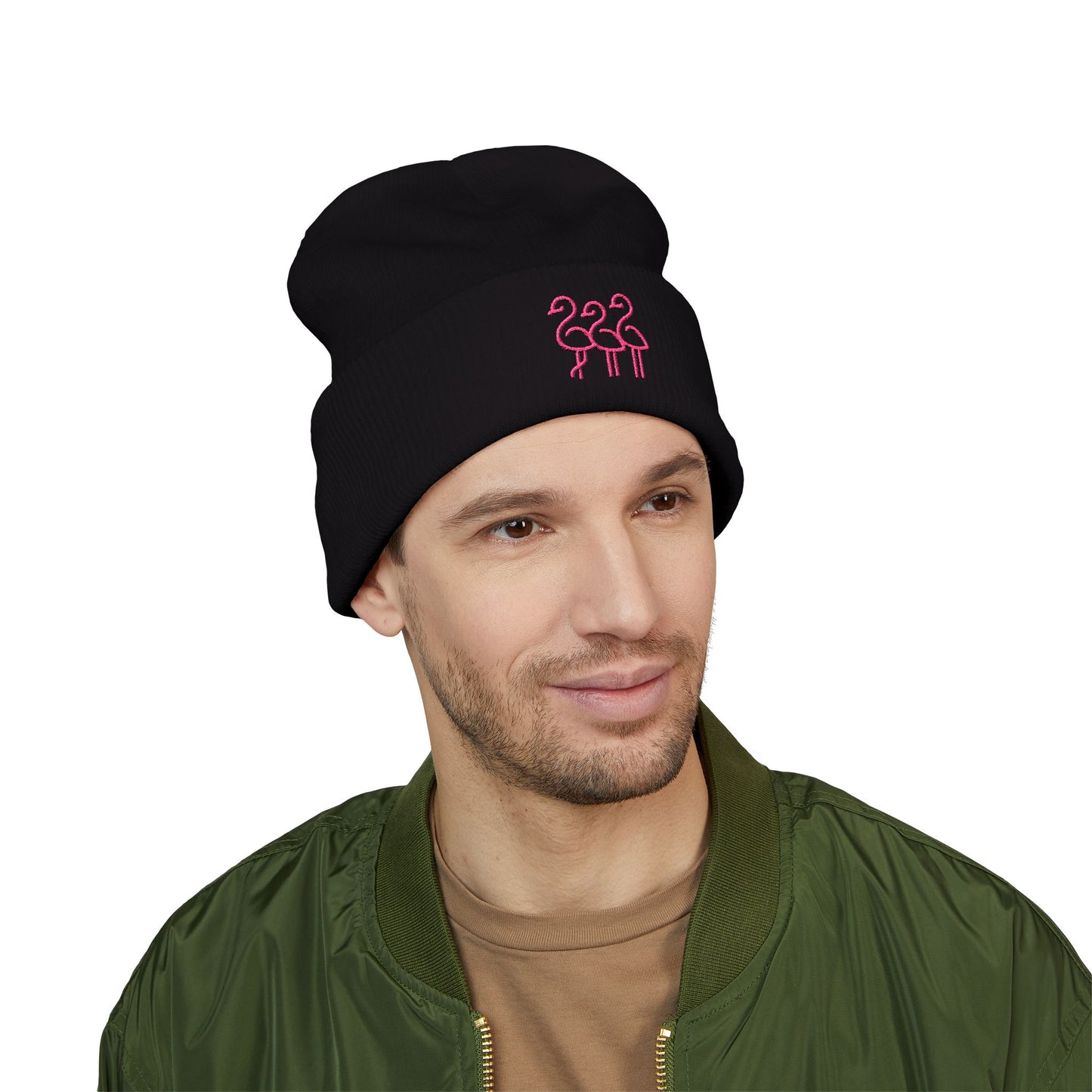 Pink Flamingo Trio Soft Beanie | Cuffed Embroidered Beanie | Throuple Gift Ideas