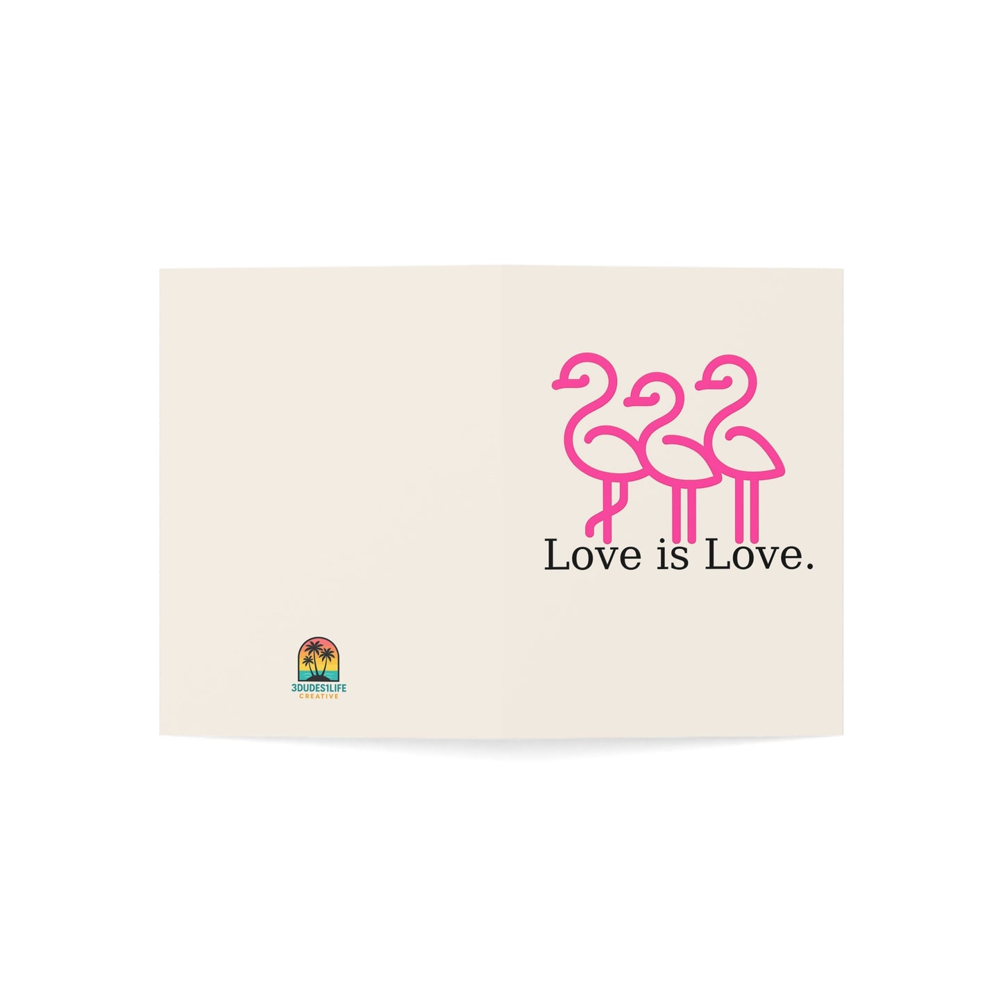 Pink Flamingos Love is Love Greeting Card | Pride Note Card | Throuple Valentine's Day Card