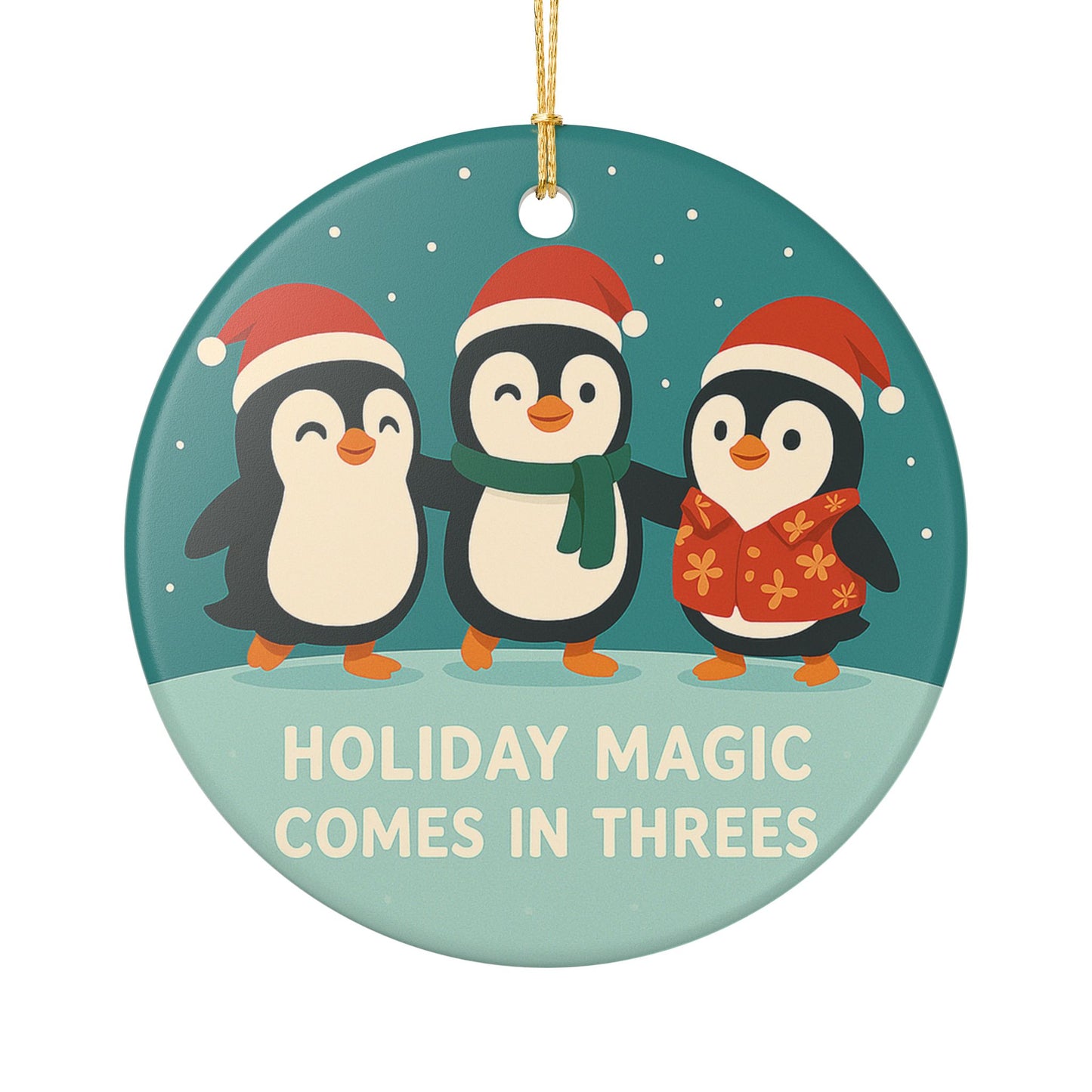 Holiday Magic Comes in Threes Ceramic Ornament | Penguin Trio Christmas Decoration | Throuple Ornament