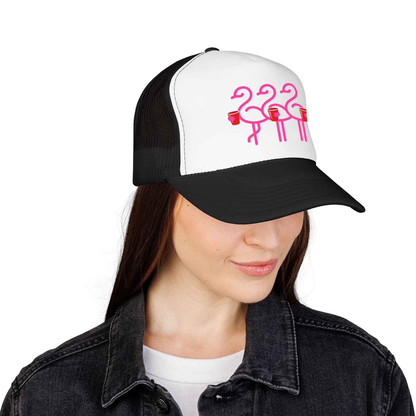 Pink Flamingo Trio Foam Trucker Hat | Retro Beach Party Mesh Cap | Red Cup Throuple Life