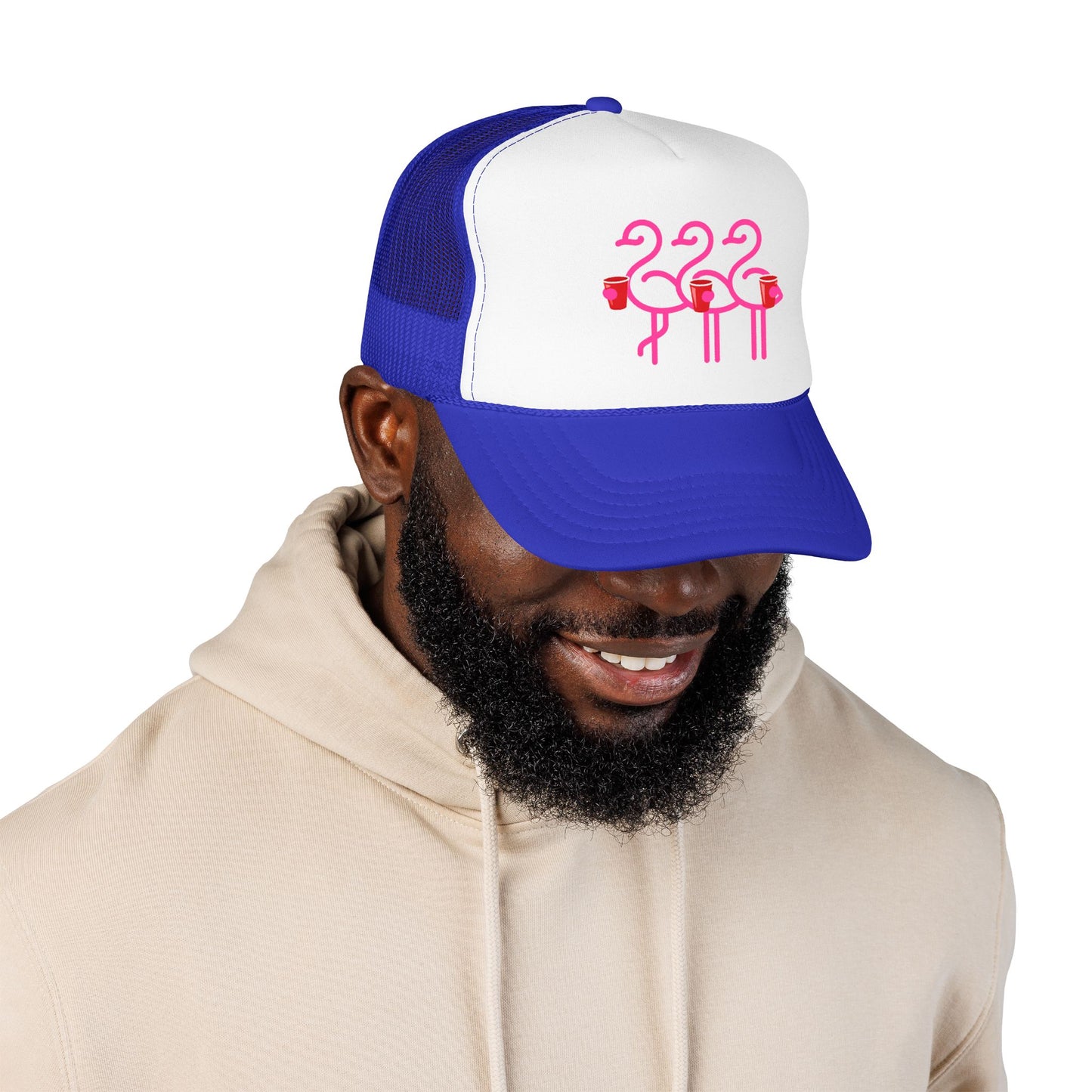 Pink Flamingo Trio Foam Trucker Hat | Retro Beach Party Mesh Cap | Red Cup Throuple Life