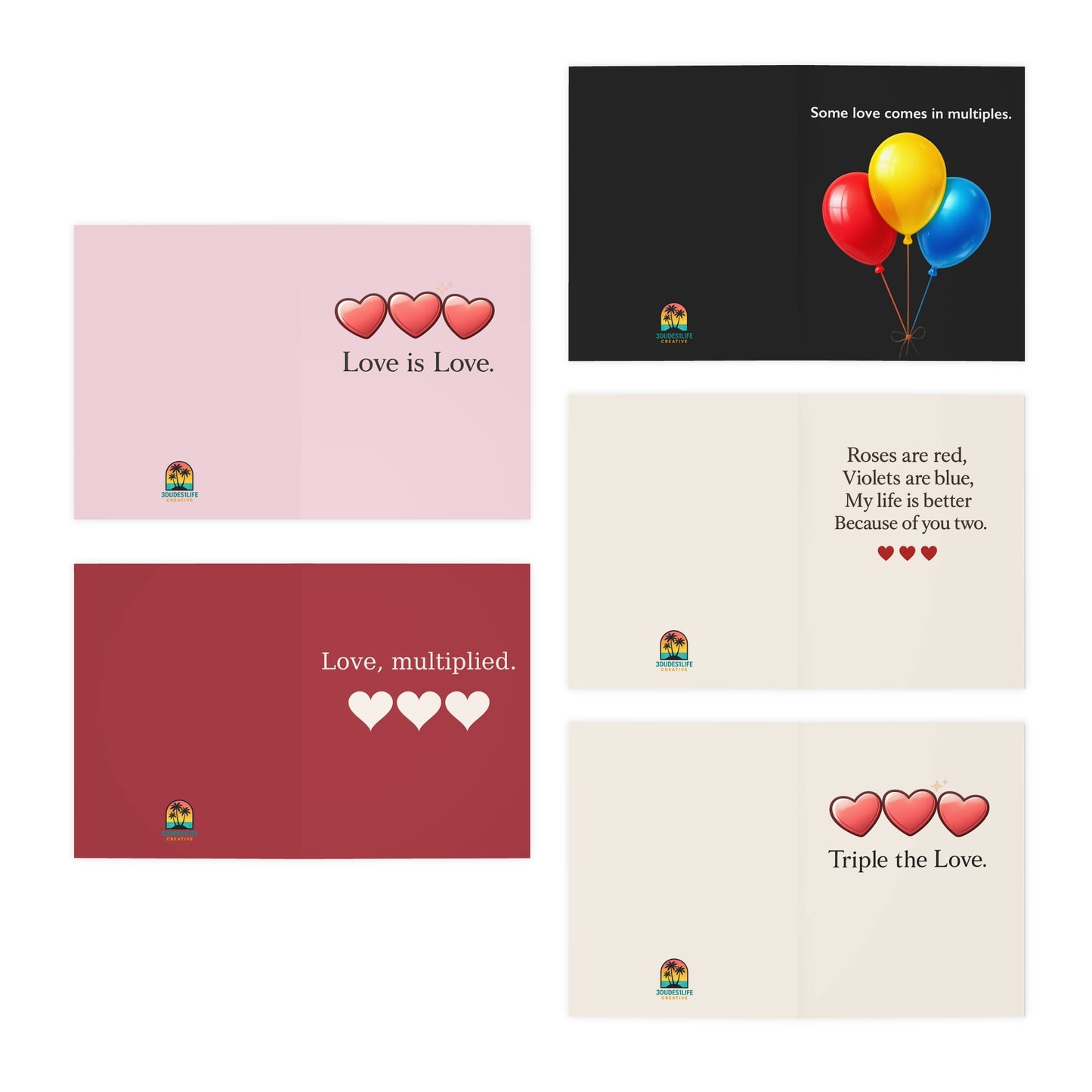 Love Multiplied Greeting Cards, 5-Pack | Triple Heart Celebration Cards | BLANK Insides | Throuple Cards