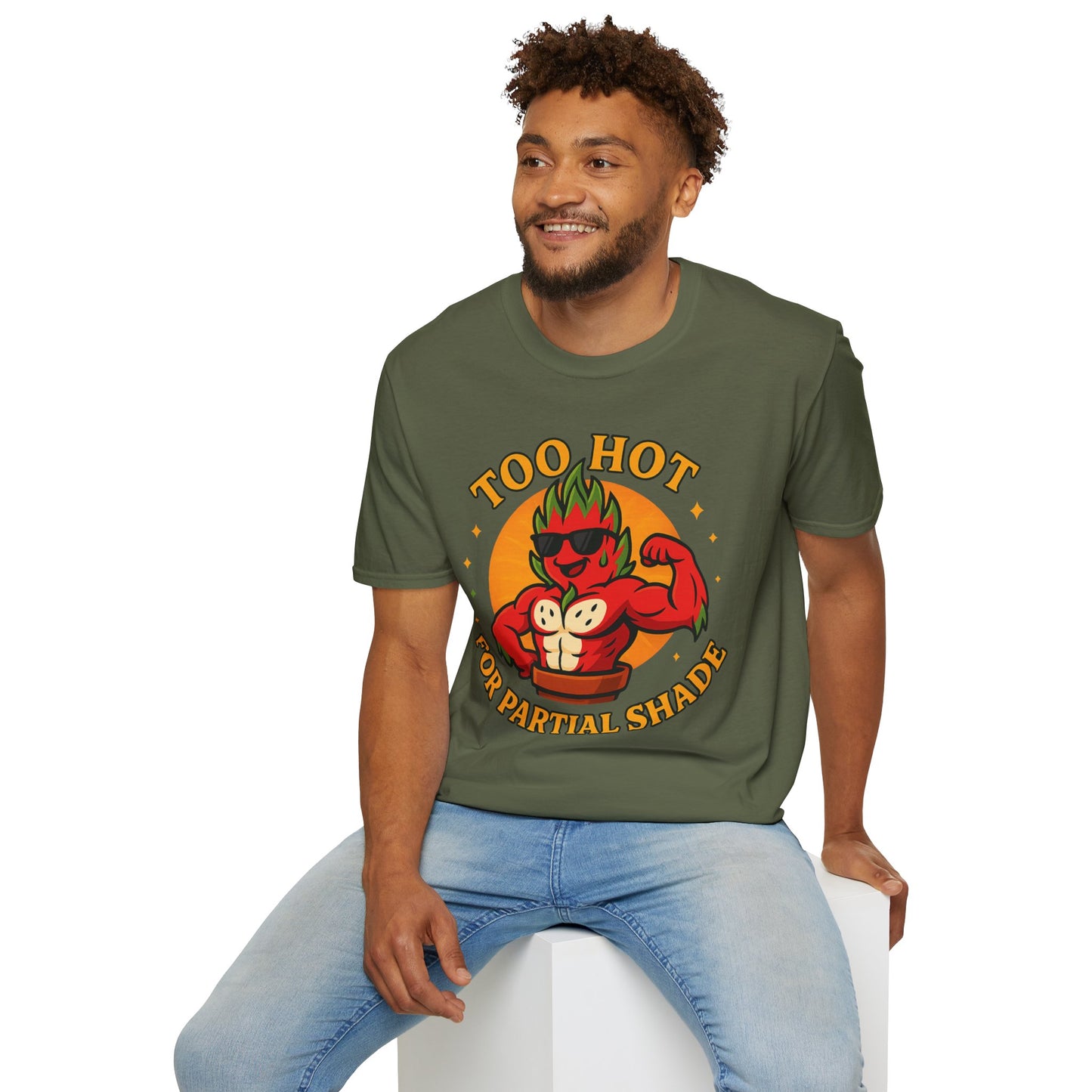 Too Hot For Partial Shade T-Shirt | Flaming Dragon Fruit Cartoon Design | Men's T-Shirt Plant Lover