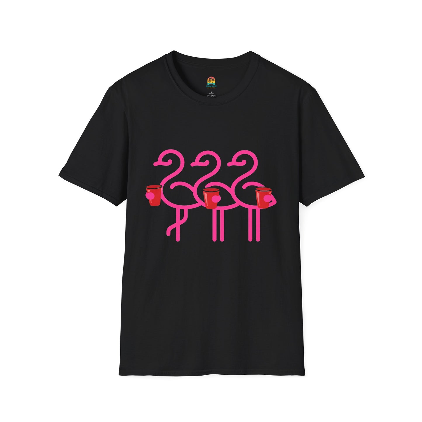 Pink Flamingos Holding Cups T-Shirt | Tropical Party Graphic | Red Cup Throuple Life