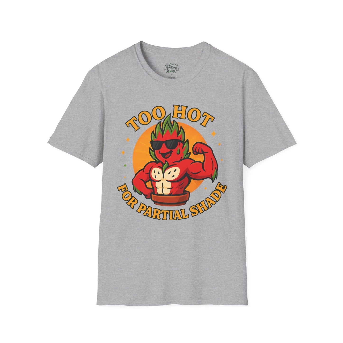 Too Hot For Partial Shade T-Shirt | Flaming Dragon Fruit Cartoon Design | Men's T-Shirt Plant Lover