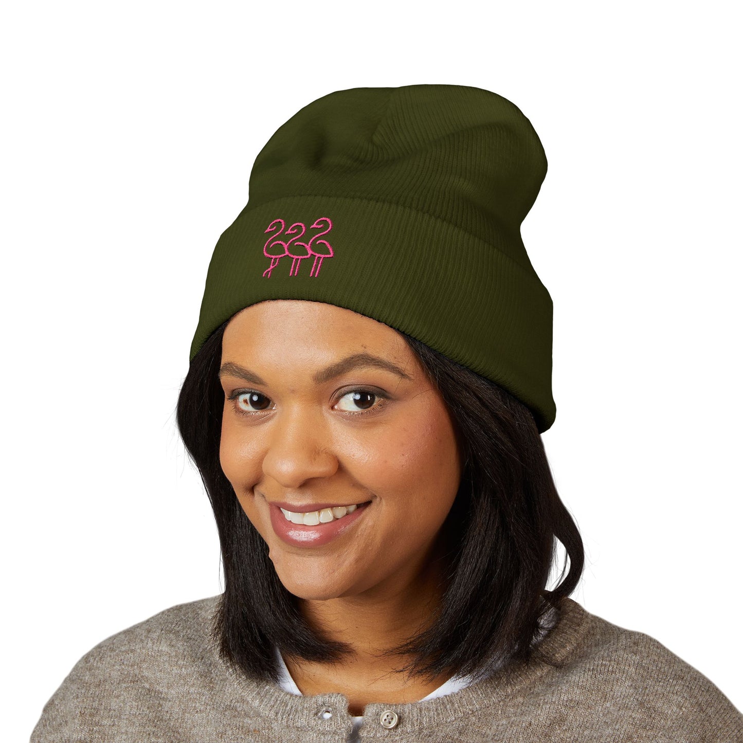 Pink Flamingo Trio Soft Beanie | Cuffed Embroidered Beanie | Throuple Gift Ideas