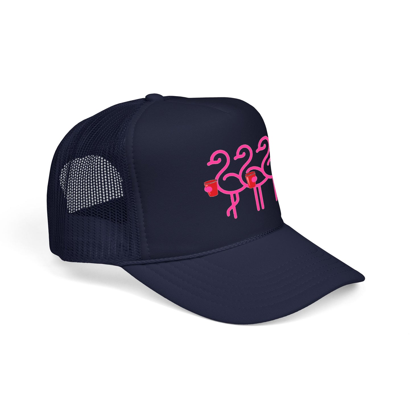 Pink Flamingo Trio Foam Trucker Hat | Retro Beach Party Mesh Cap | Red Cup Throuple Life