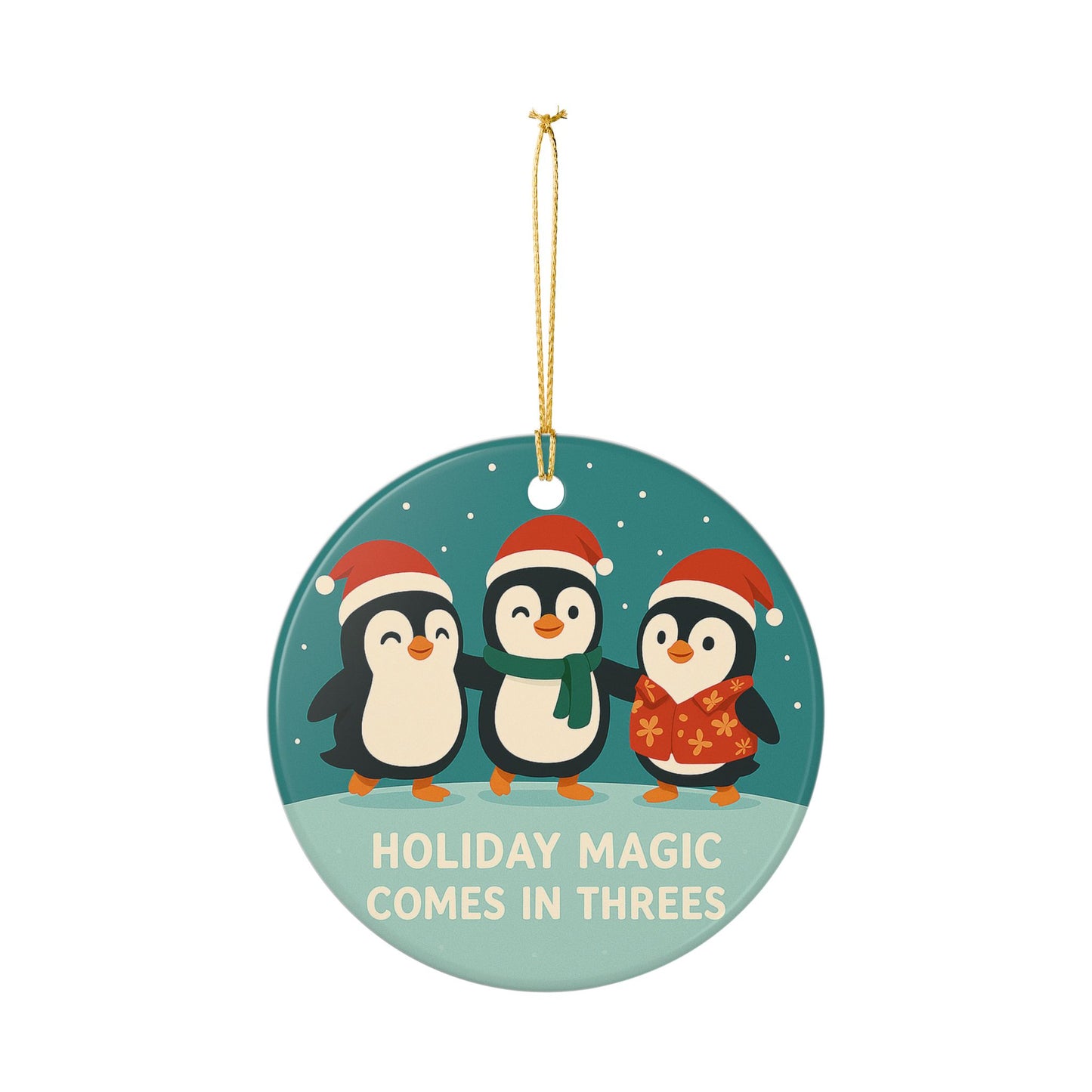 Holiday Magic Comes in Threes Ceramic Ornament | Penguin Trio Christmas Decoration | Throuple Ornament