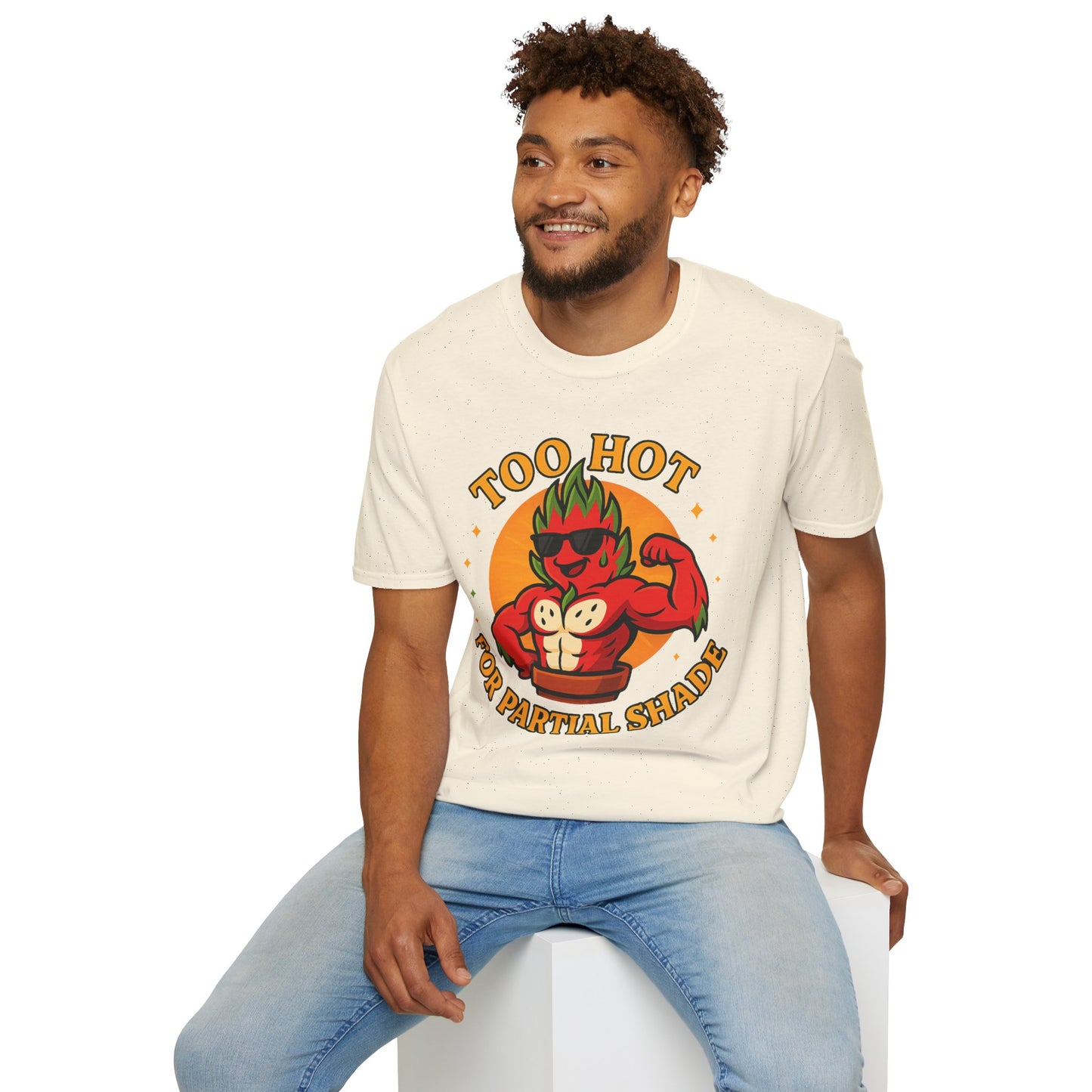 Too Hot For Partial Shade T-Shirt | Flaming Dragon Fruit Cartoon Design | Men's T-Shirt Plant Lover
