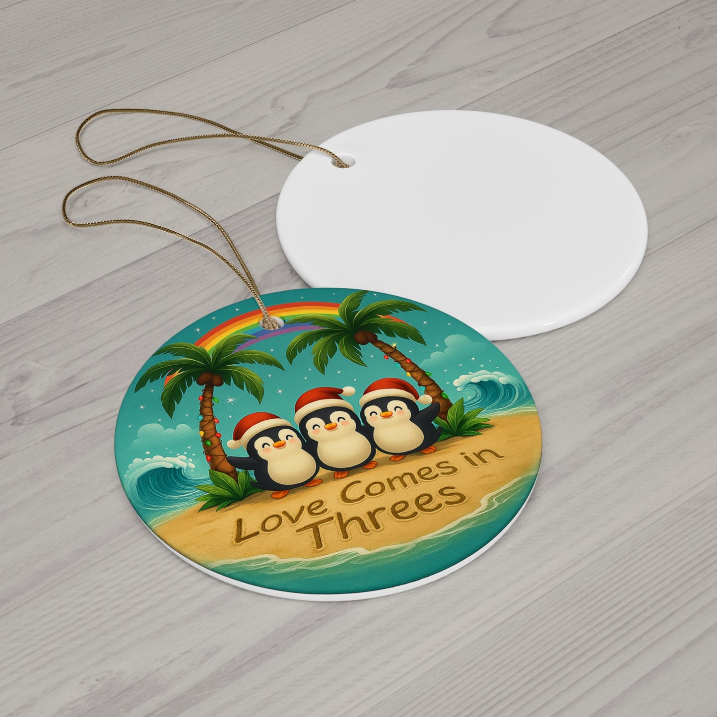 Love Comes in Threes Penguin Trio Ceramic Ornament | Holiday Beach Scene | Throuple Ornament Penguins