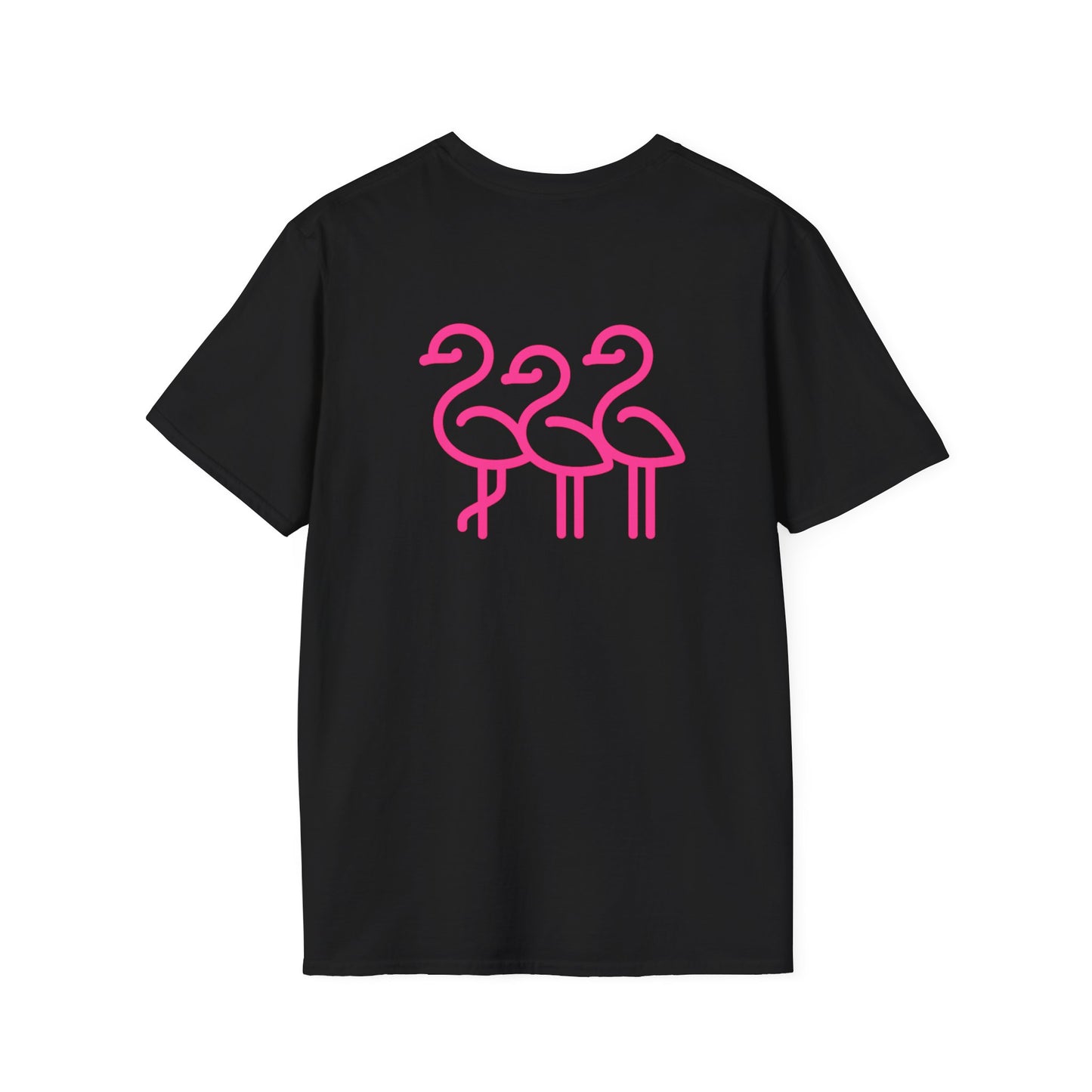 Pink Flamingo Trio T-Shirt | Small Chest Logo, Back Graphic | Throuple Shirt
