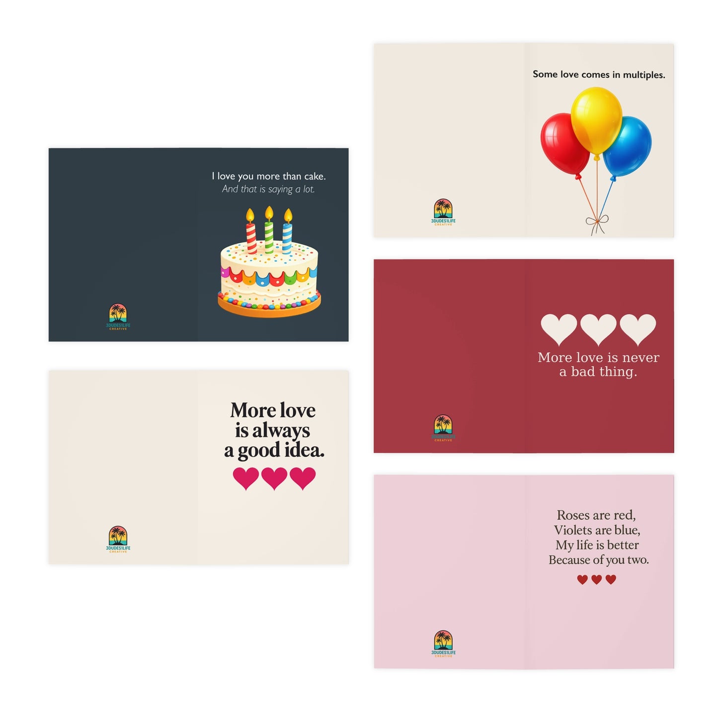 Love Sayings Greeting Cards 5-Pack | Birthday Balloons Cake Hearts | Blank Insides | Throuple Cards