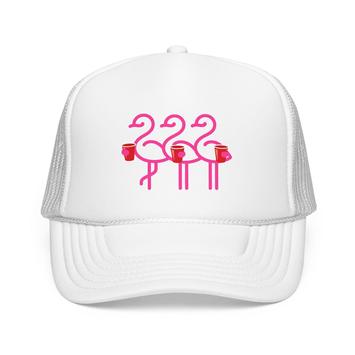 Pink Flamingo Trio Foam Trucker Hat | Retro Beach Party Mesh Cap | Red Cup Throuple Life