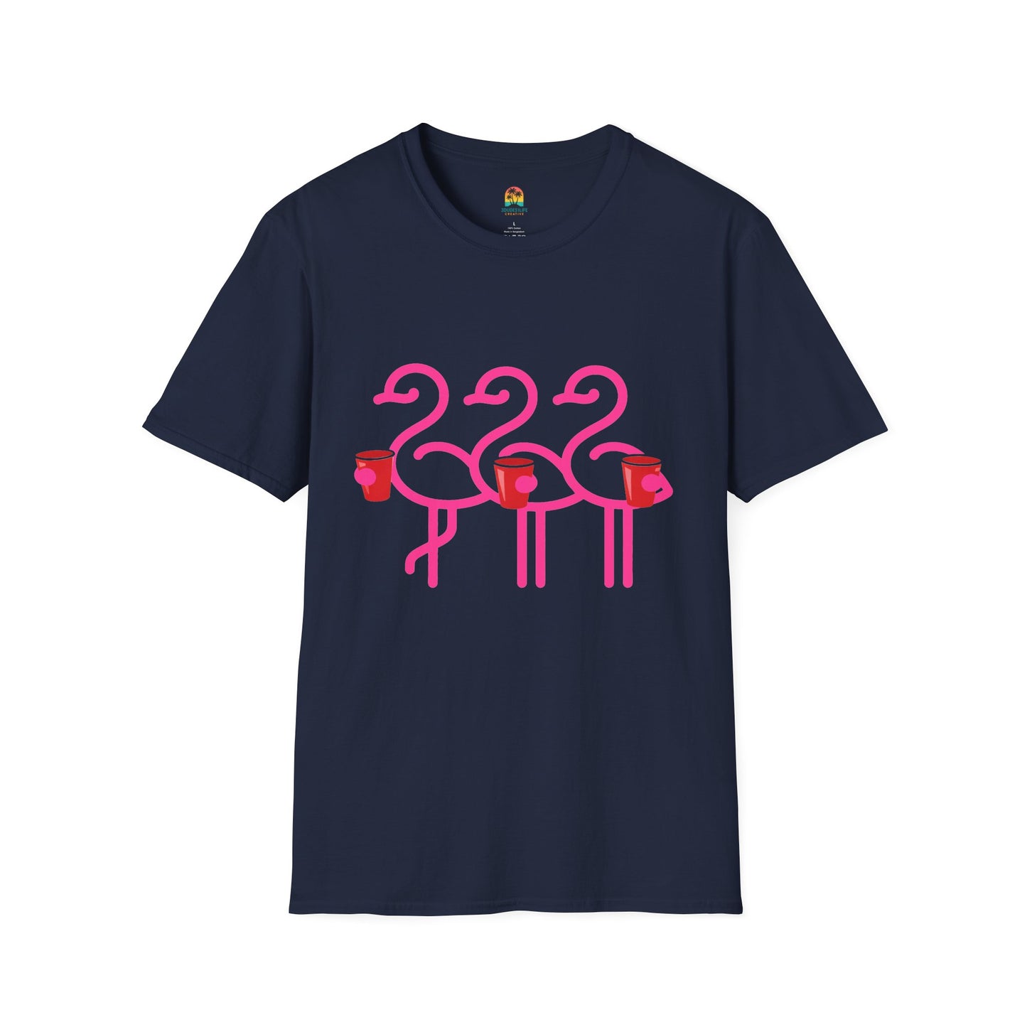 Pink Flamingos Holding Cups T-Shirt | Tropical Party Graphic | Red Cup Throuple Life