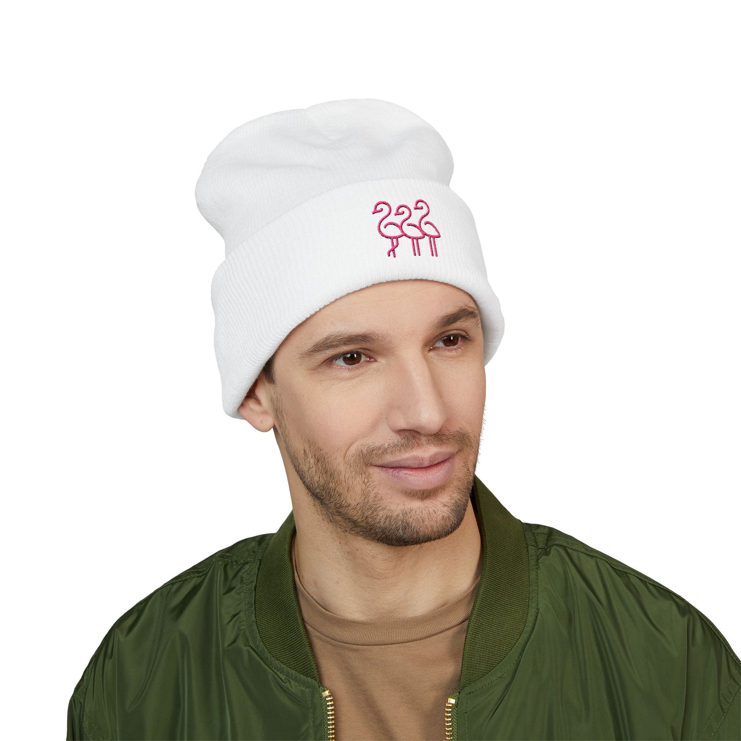 Pink Flamingo Trio Soft Beanie | Cuffed Embroidered Beanie | Throuple Gift Ideas