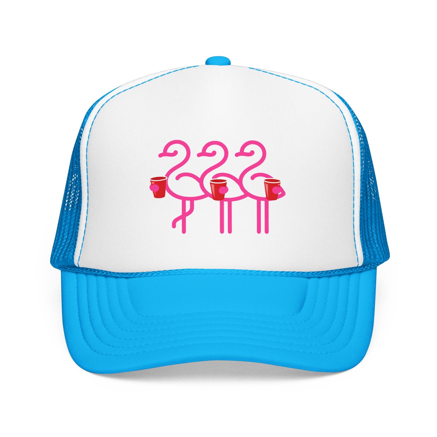 Pink Flamingo Trio Foam Trucker Hat | Retro Beach Party Mesh Cap | Red Cup Throuple Life