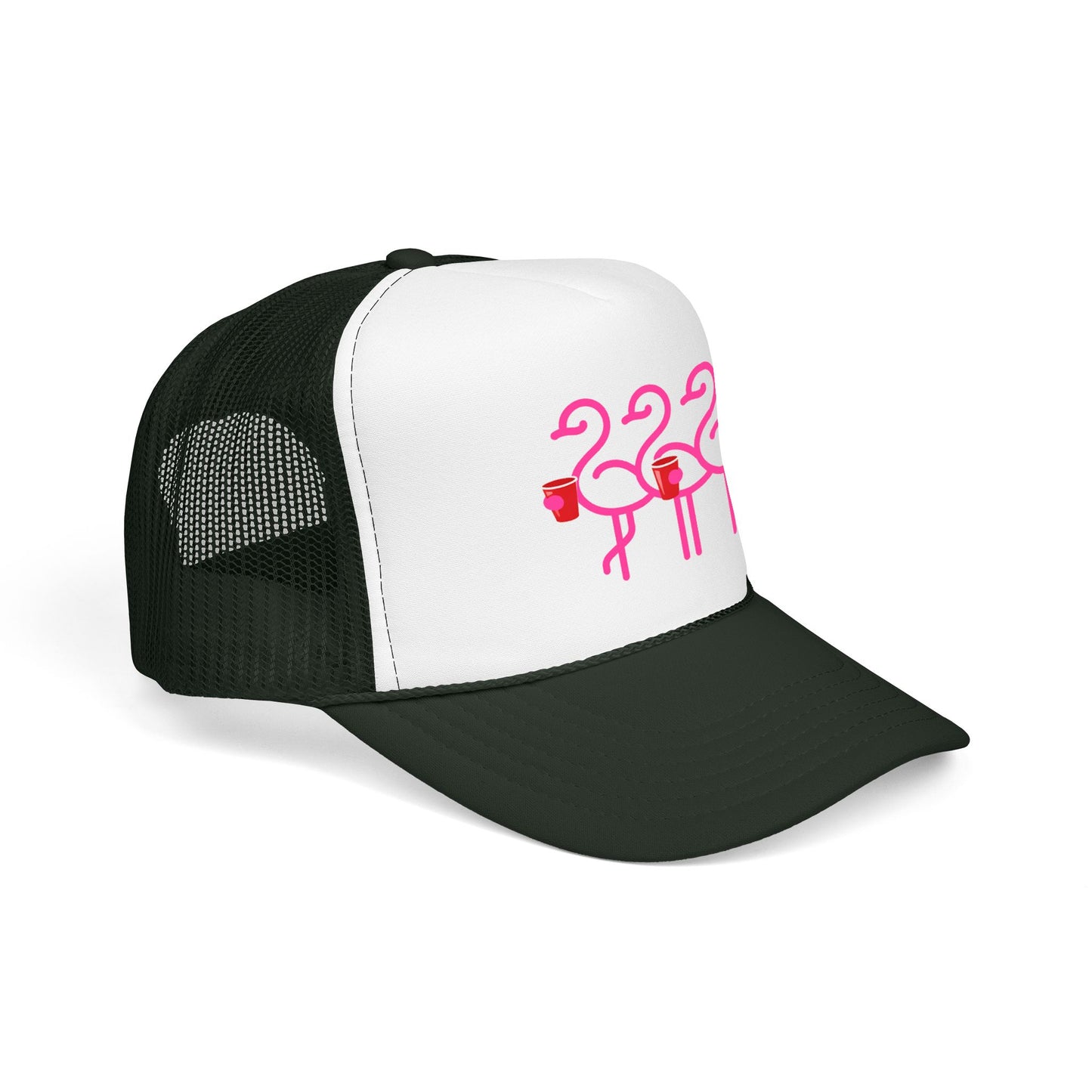 Pink Flamingo Trio Foam Trucker Hat | Retro Beach Party Mesh Cap | Red Cup Throuple Life
