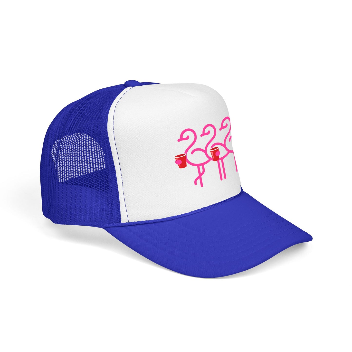Pink Flamingo Trio Foam Trucker Hat | Retro Beach Party Mesh Cap | Red Cup Throuple Life