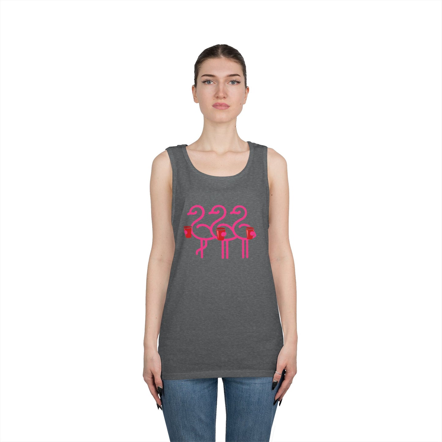 Three Pink Flamingos Tank Top | Retro Tropical Birds, Summer Beach Tee | Red Cup Throuple Life