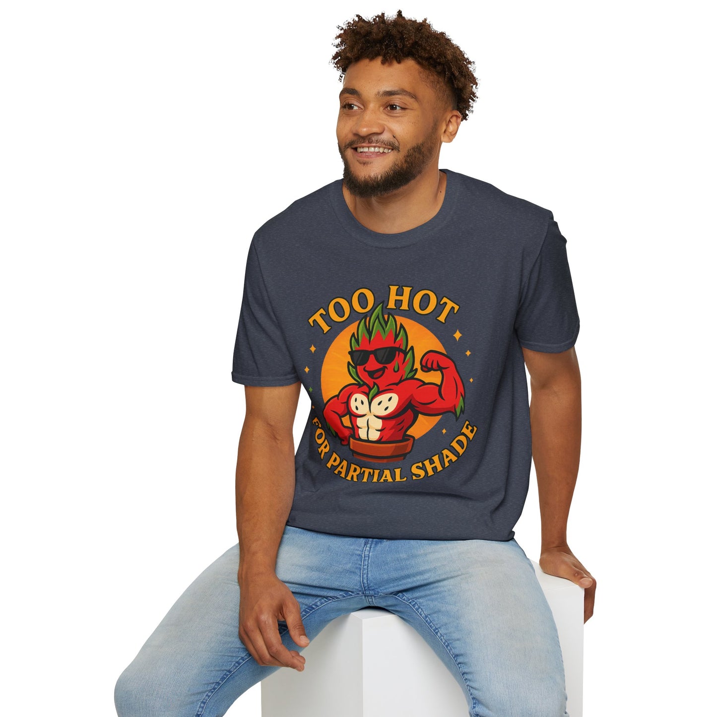 Too Hot For Partial Shade T-Shirt | Flaming Dragon Fruit Cartoon Design | Men's T-Shirt Plant Lover