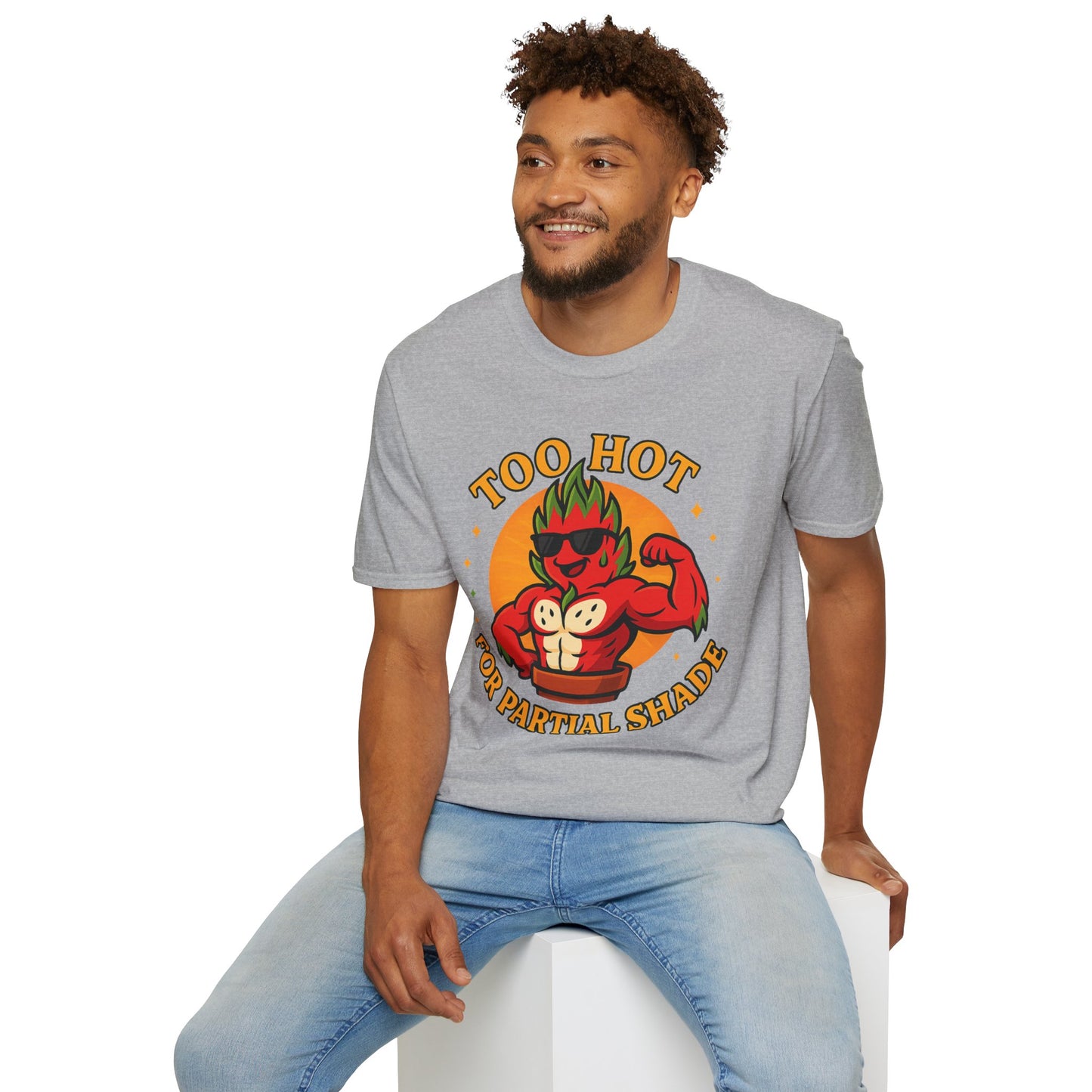 Too Hot For Partial Shade T-Shirt | Flaming Dragon Fruit Cartoon Design | Men's T-Shirt Plant Lover