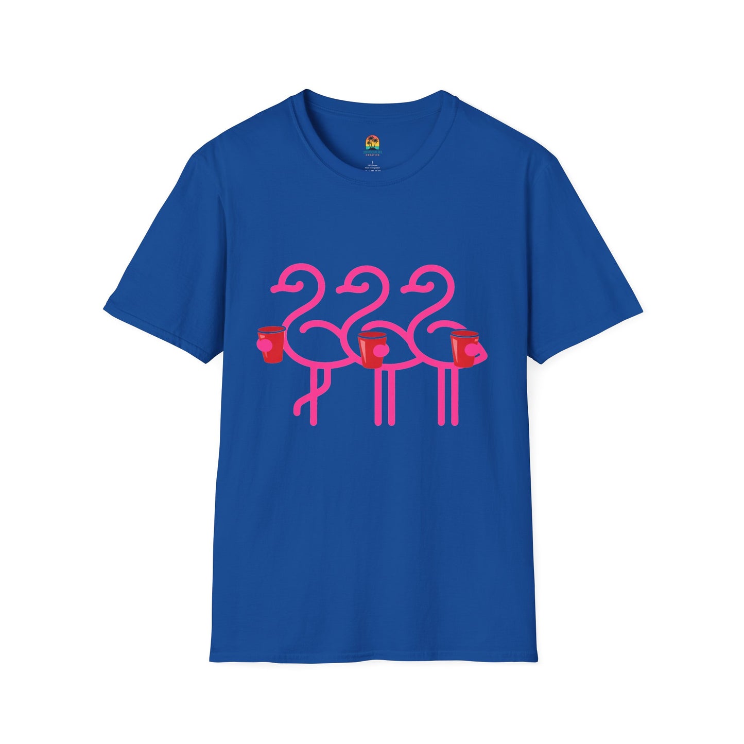 Pink Flamingos Holding Cups T-Shirt | Tropical Party Graphic | Red Cup Throuple Life