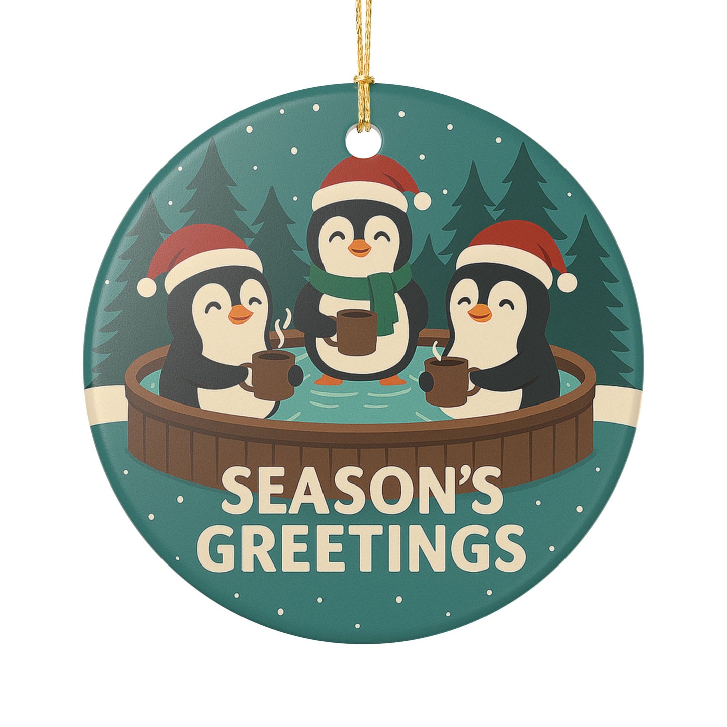 Penguins in Hot Tub Season's Greetings Ornament | Ceramic Holiday Decoration | Throuple Ornament